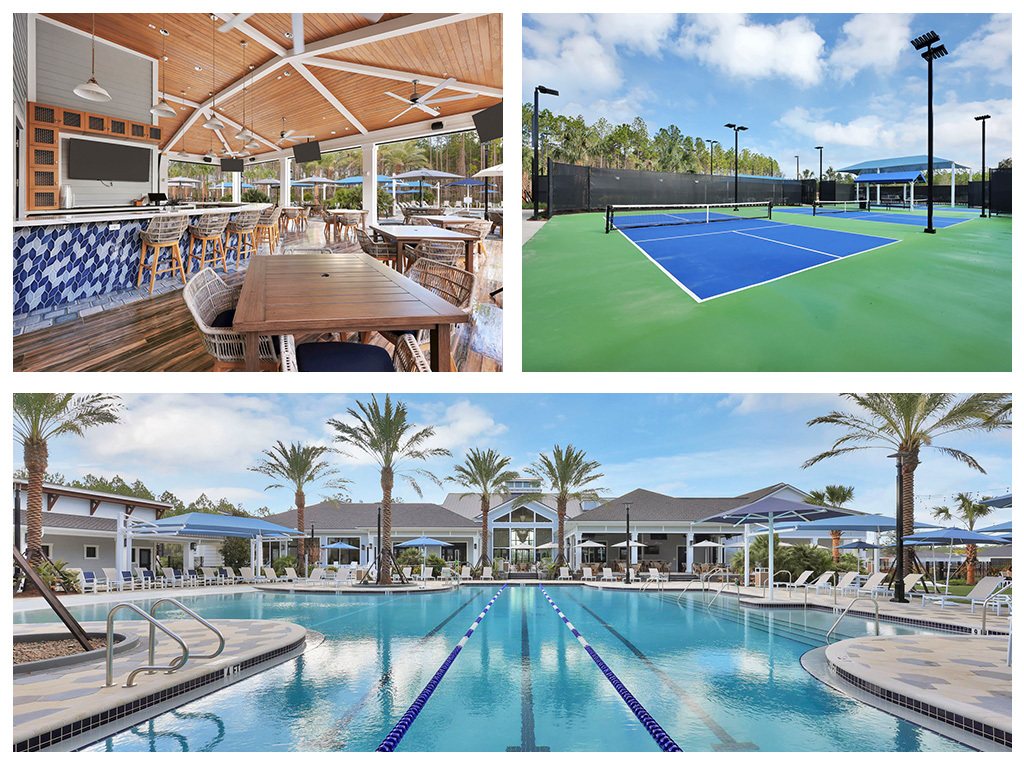 Outdoor bar and grill, pickleball courts and pool at the Horizon Club Del Webb