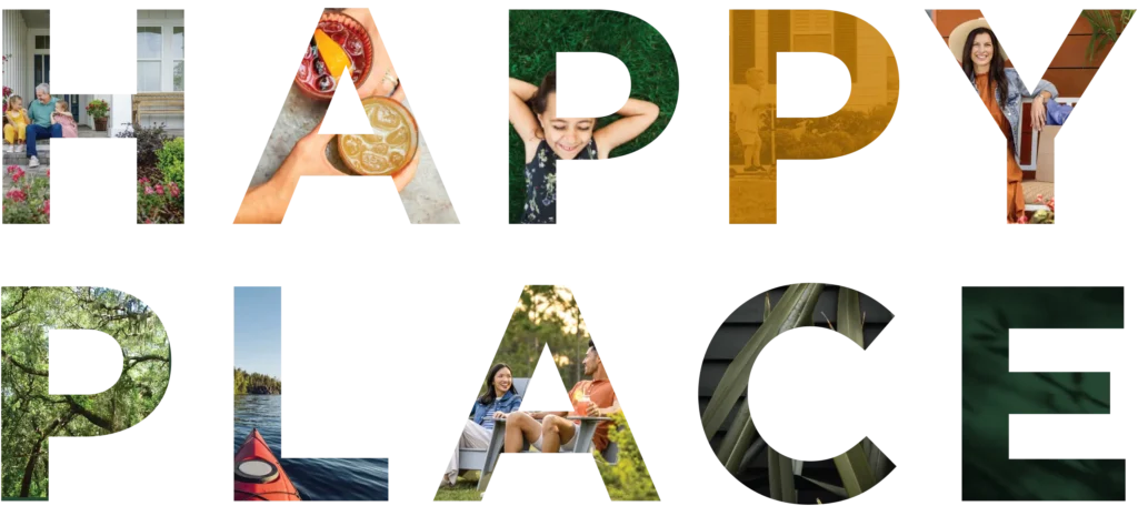 The words "HAPPY PLACE" in large letters, each filled with images of people, nature, outdoor activities, and relaxation scenes in the Wildlight master planned community.