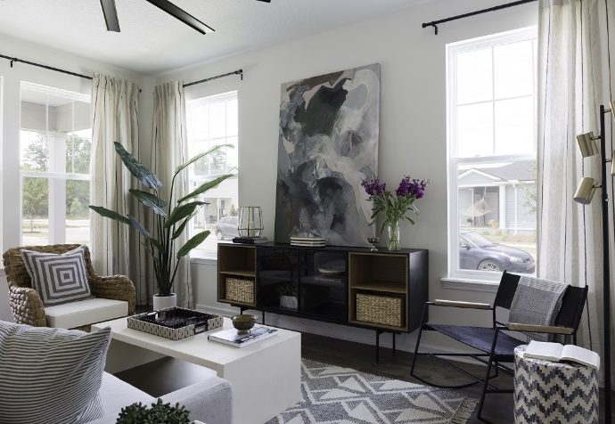 Aerial view of a grassy communal area surrounded by homes in Nassau County Florida, with several people walking, standing, and playing on the lawn.