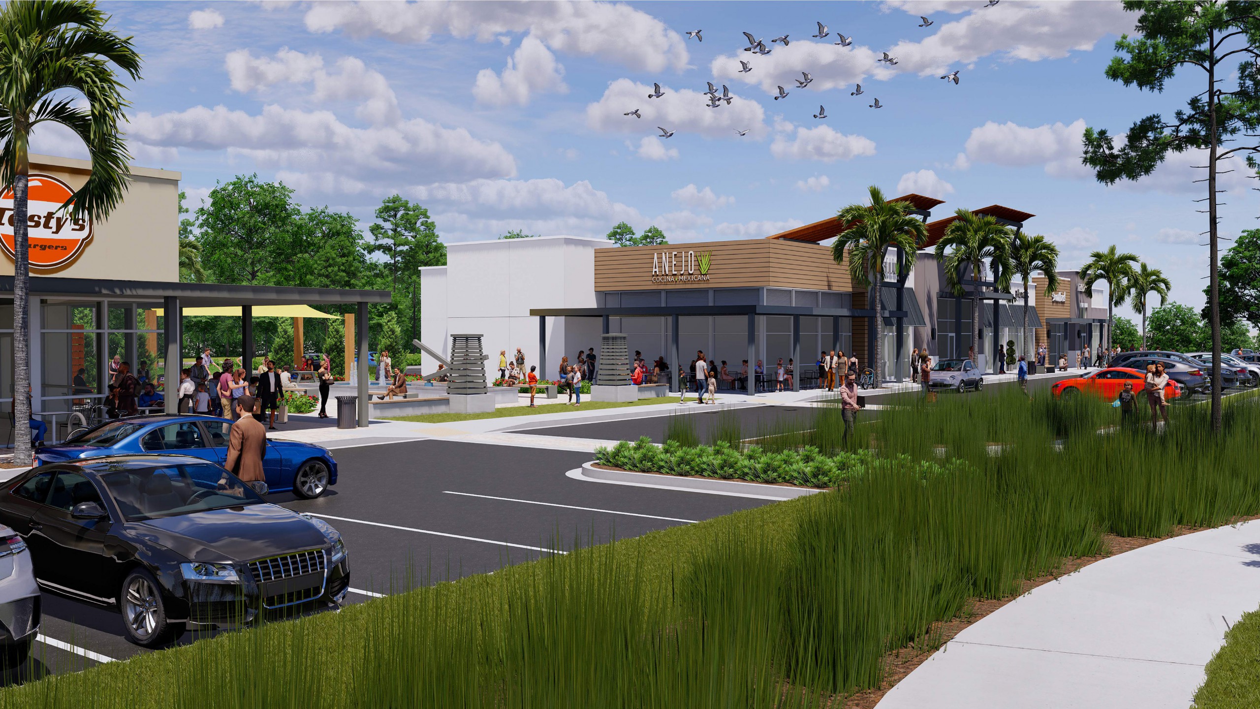 Exterior rendering of three new restaurant and retail concepts set to open in Skinner Bros. Realty's multi-tenant retail complex in Wildlight this spring. Featuring Anejo Cocino Mexicana and Tasty's Burgers. There's also a courtyard with a fountain and people walking by.