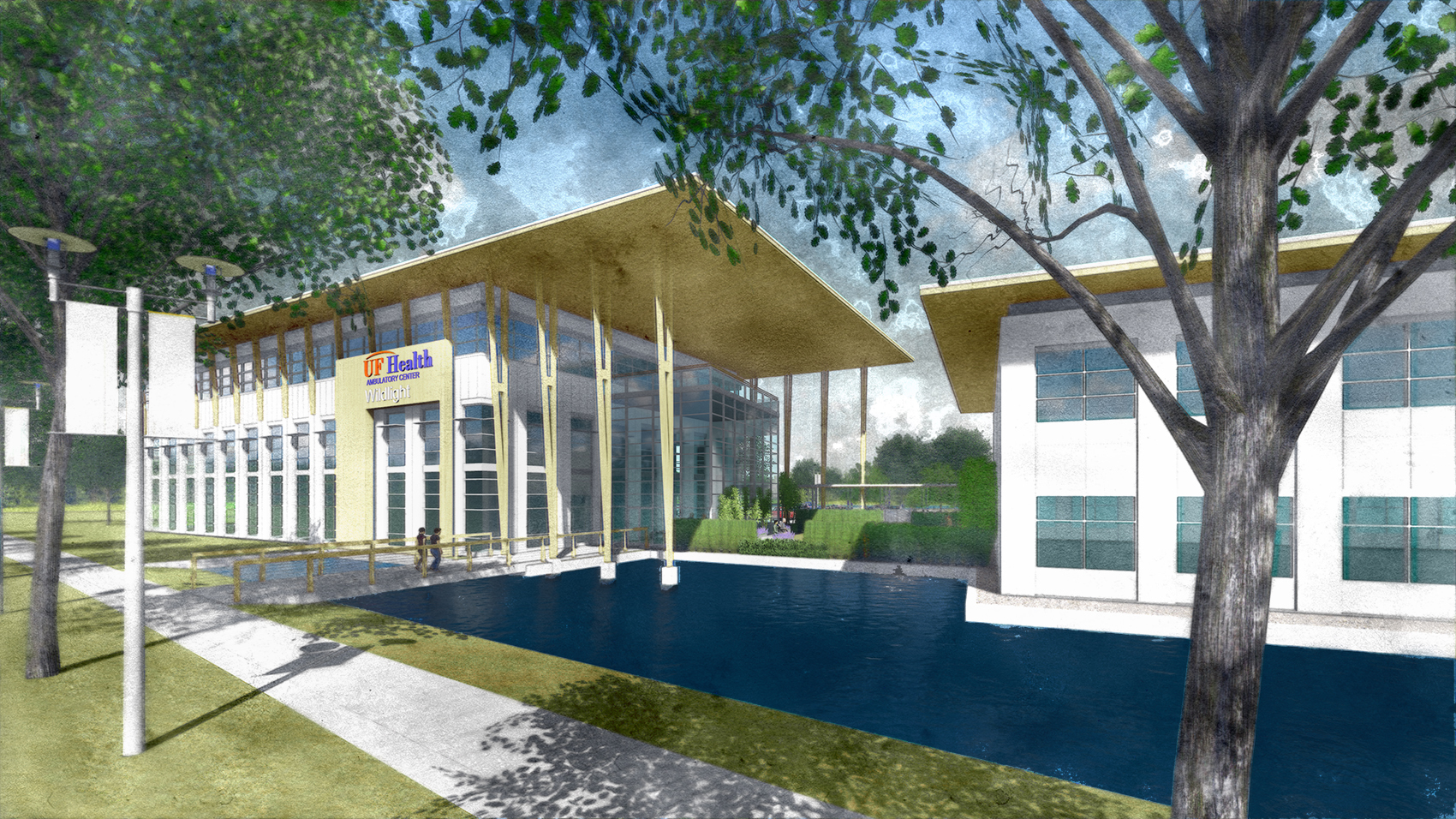 Rendering of the planned UF Health facility at Wildlight with a water feature in front of it.