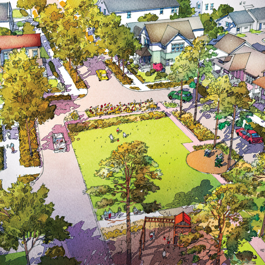 Rendering of future neighborhoods in Wildlight featuring Dream Finders Homes surrounding a neighborhood park.
