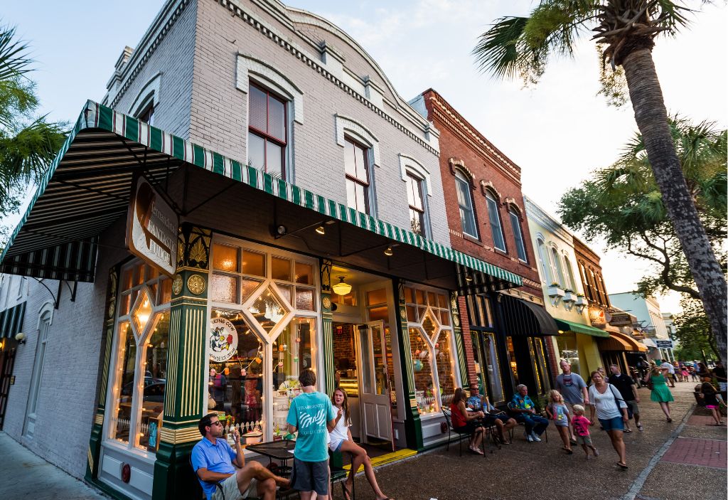 Multi-colored brick buildings with shops on the first floor in St Augustine, FL.