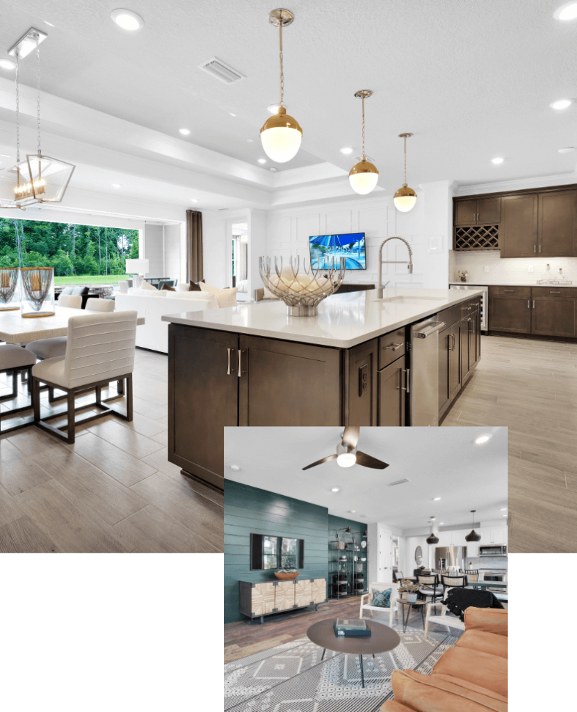 Overlapping photos showing an open concept kitchen with brown cabinets and a living room with a brown leather sofa and green shiplap accent wall.