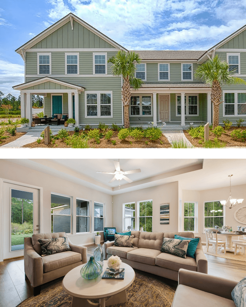 Two stacked images - an exterior of a green townhome and an interior living room with lots of windows, a couch and two chairs.