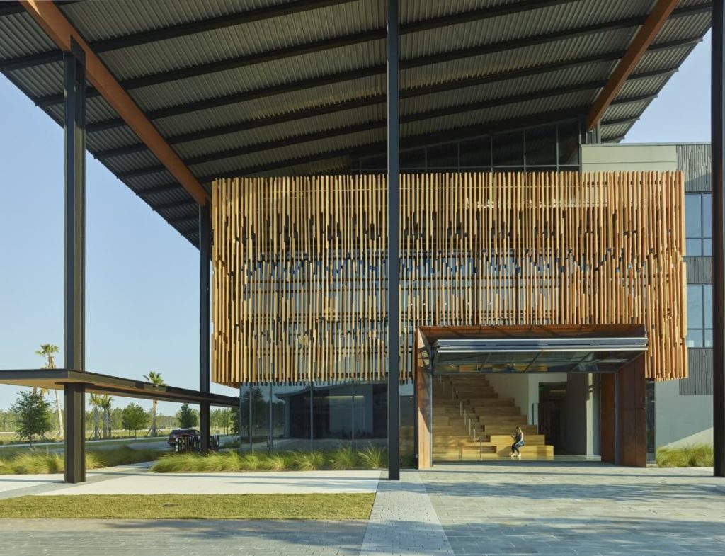Exterior of the Rayonier Corporate Headquarters building with wood slate accents.