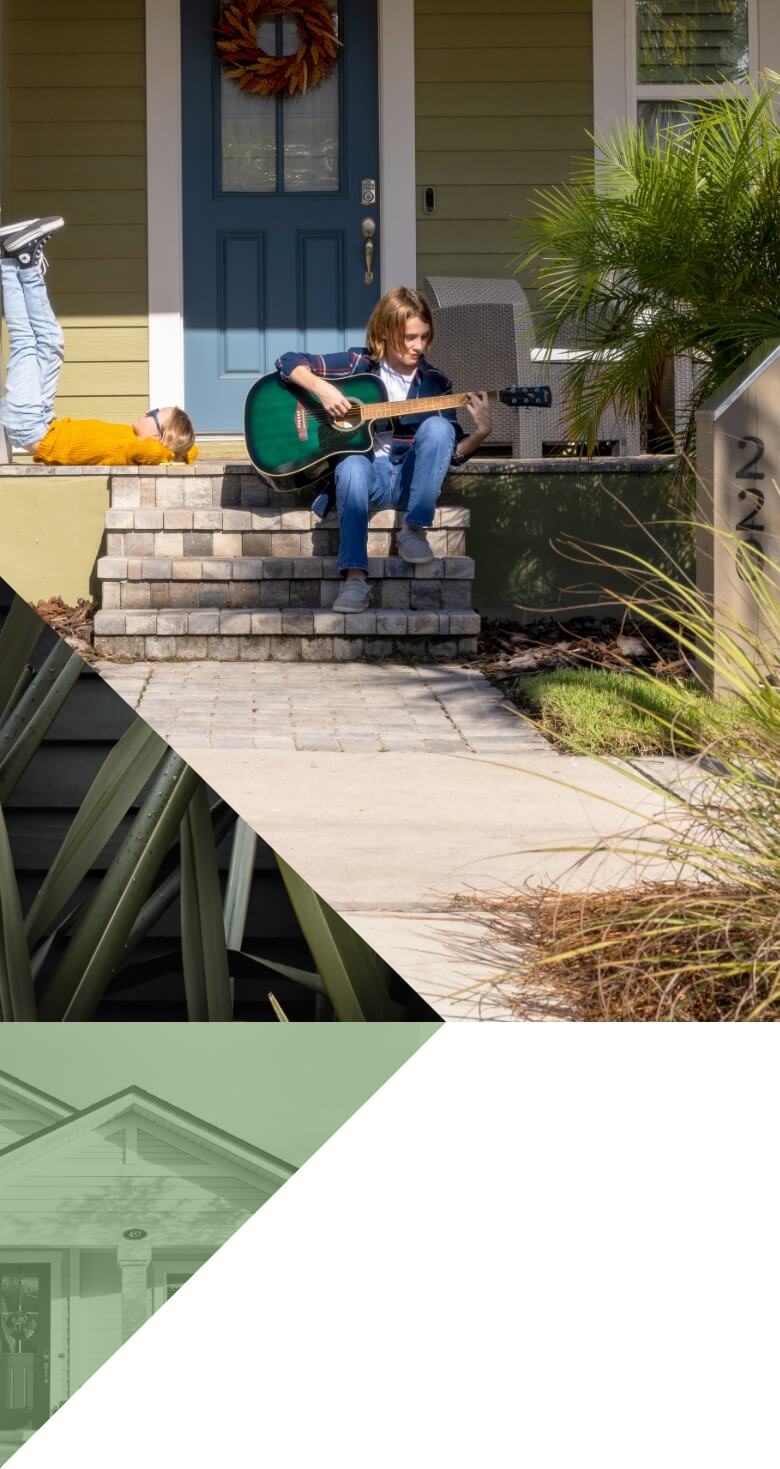 Collage of two pictures. A young brother and sister on a front porch with a blue front door surrounded by greenery. The boy is playing a green guitar on the steps and the girl laying with her legs up against a white column. Second picture is green tropical leaves with raindrops in front of a charcoal background.