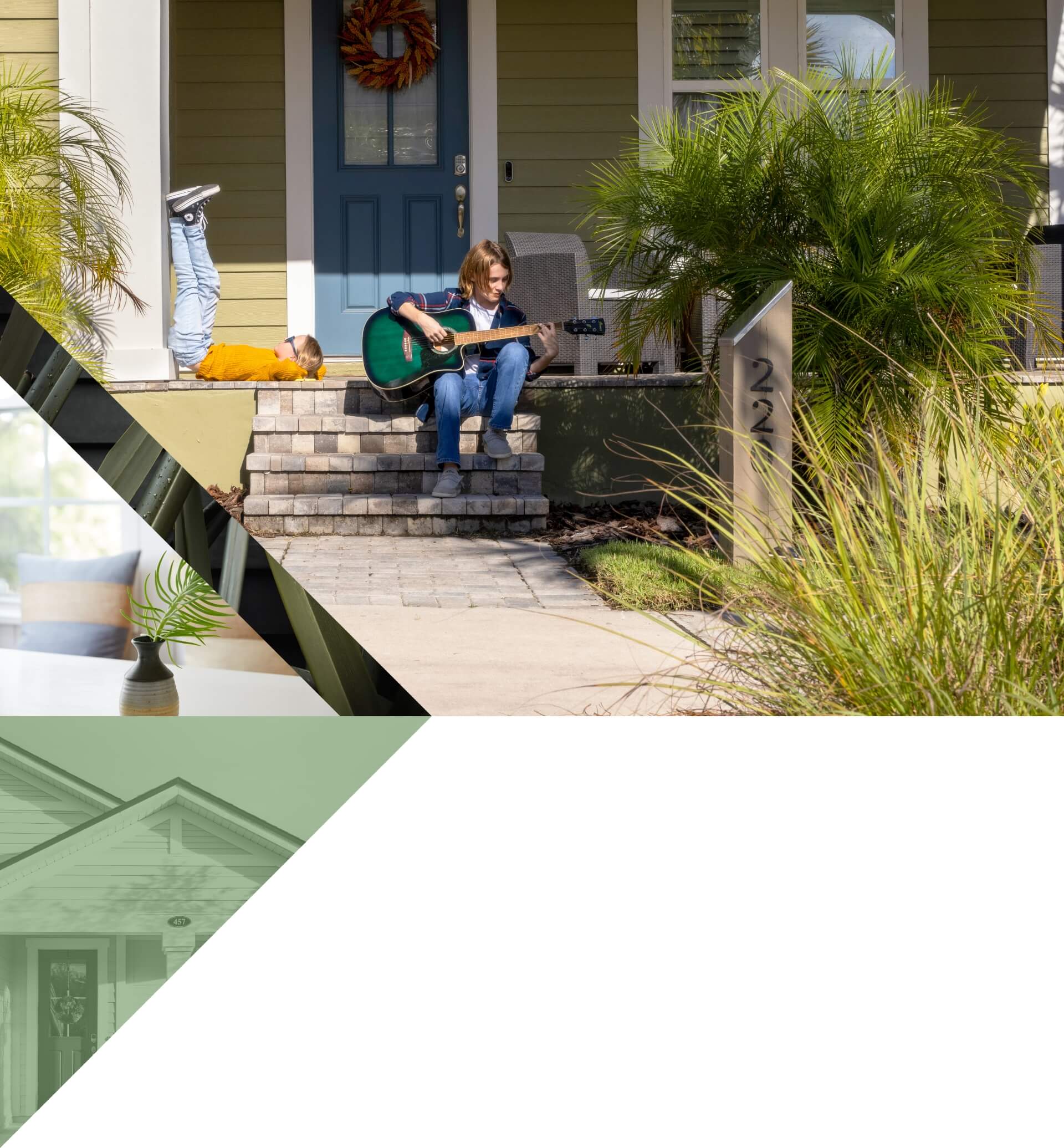 Collage of three pictures. A young brother and sister on a front porch with a blue front door surrounded by greenery. The boy is playing a green guitar on the steps and the girl laying with her legs up against a white column. Second picture is Striped vase with single green twig sitting on a table in front of a window. Third picture is Cropped exterior of a home in Wildlight.