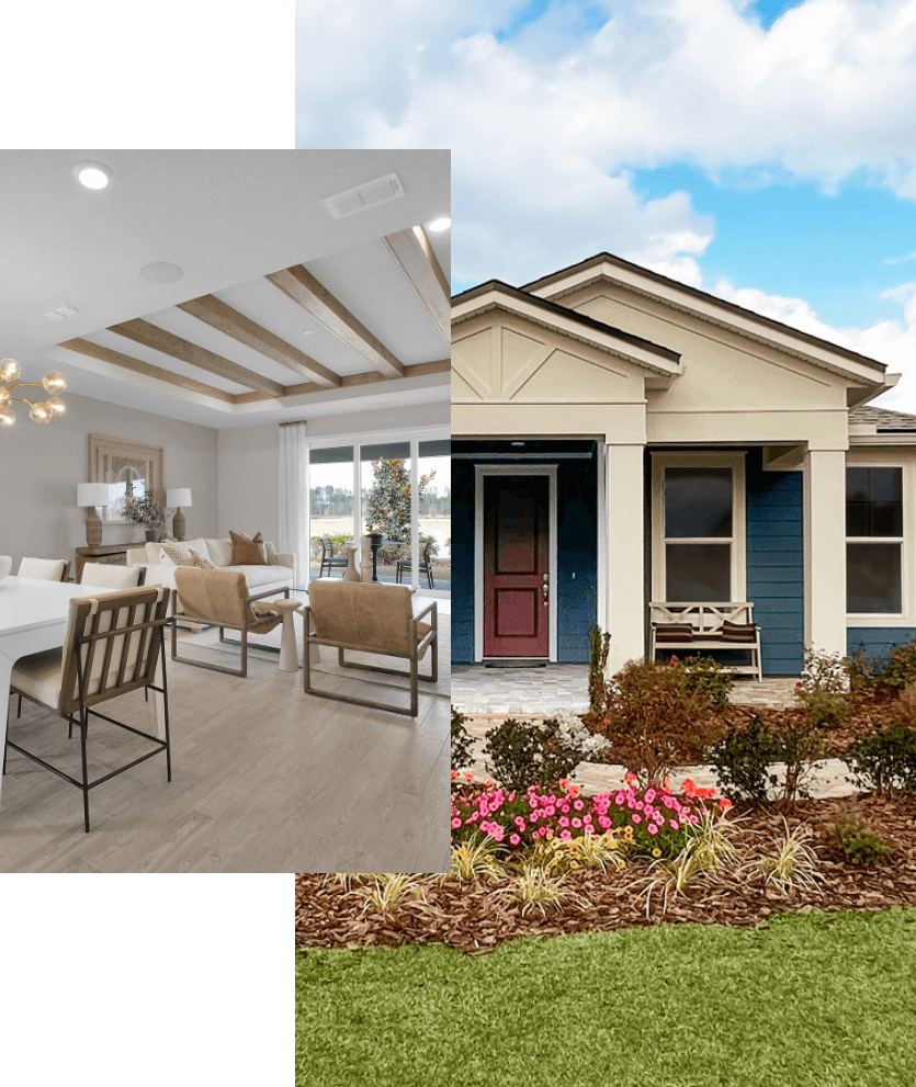 Overlapping photos of a tan house with blue shutters and an interior white living room with wood beams.