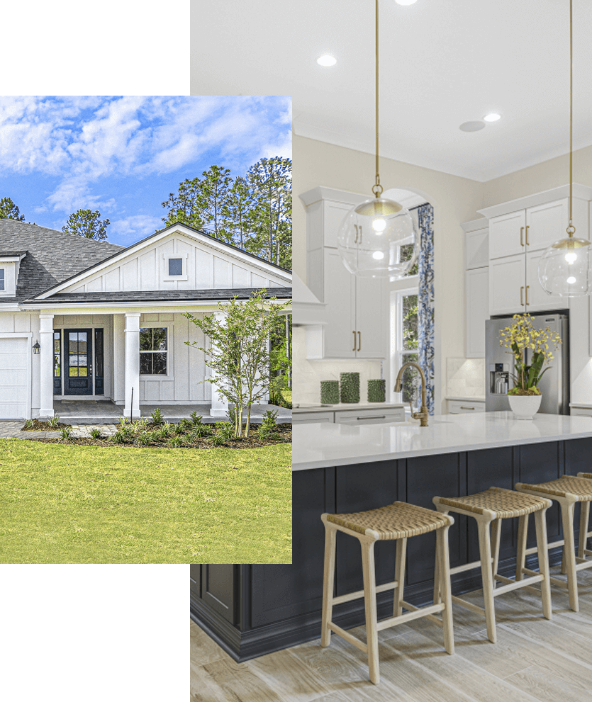 Overlapping photos of a kitchen island with pendant lights and an exterior of a white single-story house.