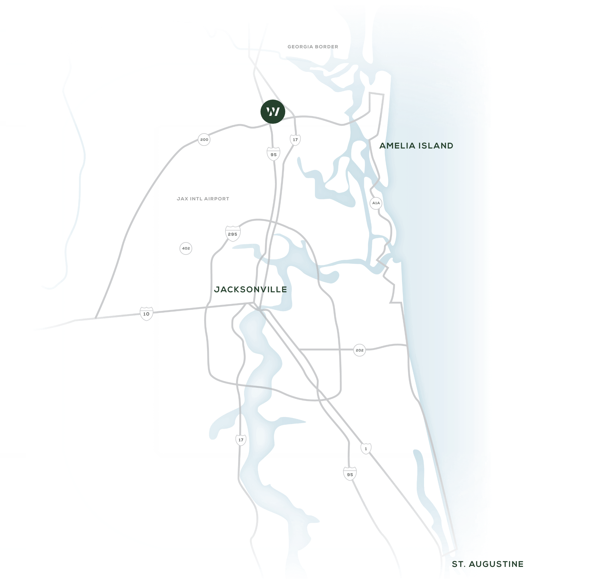 Illustrative map of northeast Florida with a focus on Wildlight which is located between Jacksonville and Amelia Island. 