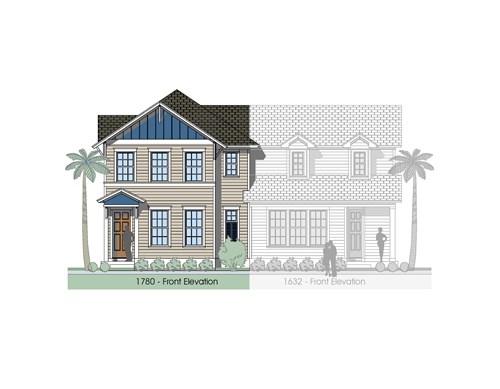 A rendering of a two - story home.