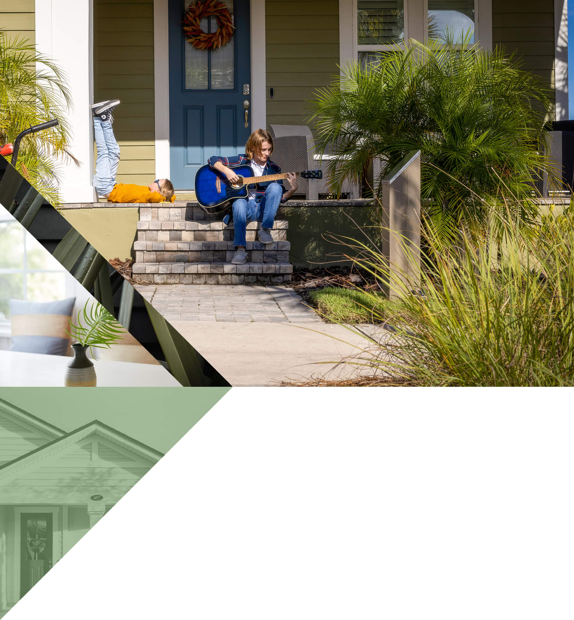 A woman is sitting on the steps of a house with a guitar.