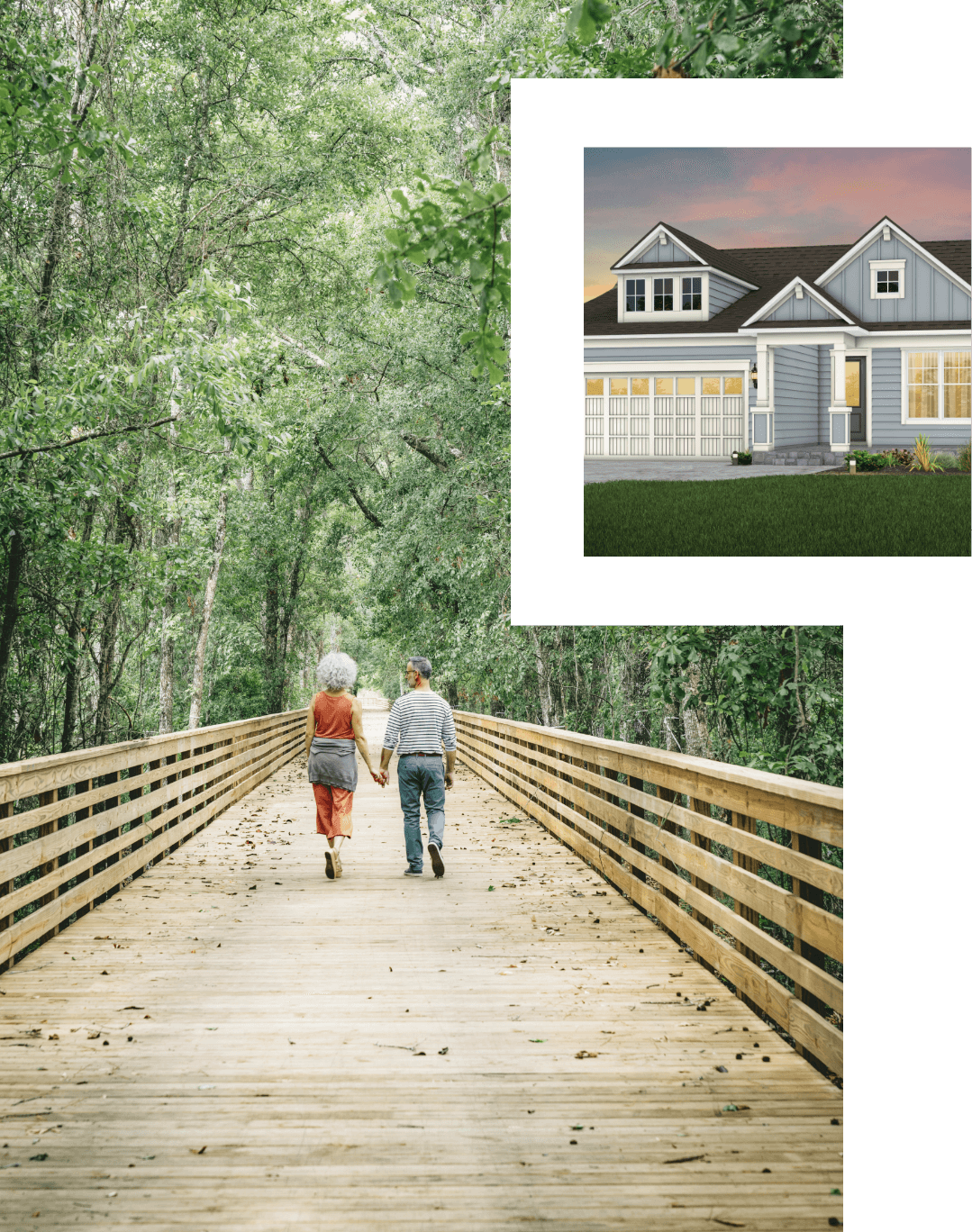 Two pictures of a couple walking on a bridge in front of a house.