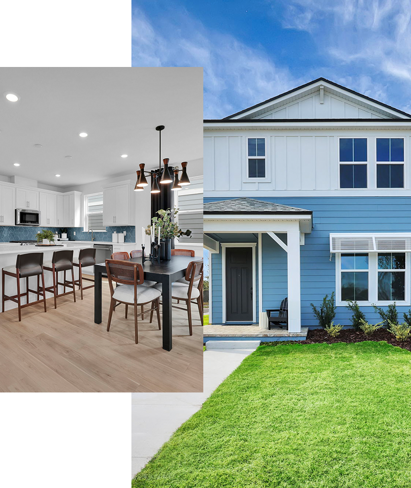 Collage of Pulte's bungalow homes showing an interior kitchen and an exterior