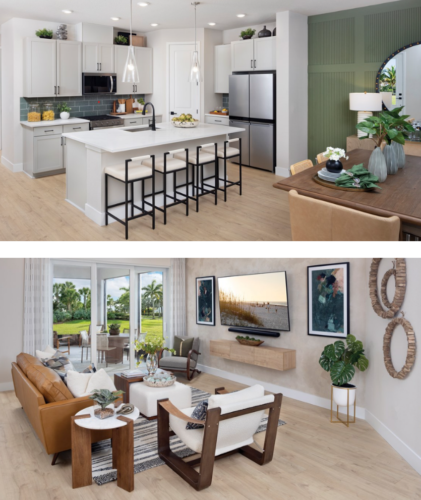 Two images of a David Weekley Homes kitchen and living room located in Wildlight's newest neighborhood Westerly Park