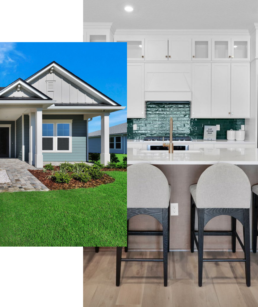 Collage of Pulte Homes in Westerly Park showing an exterior and a kitchen