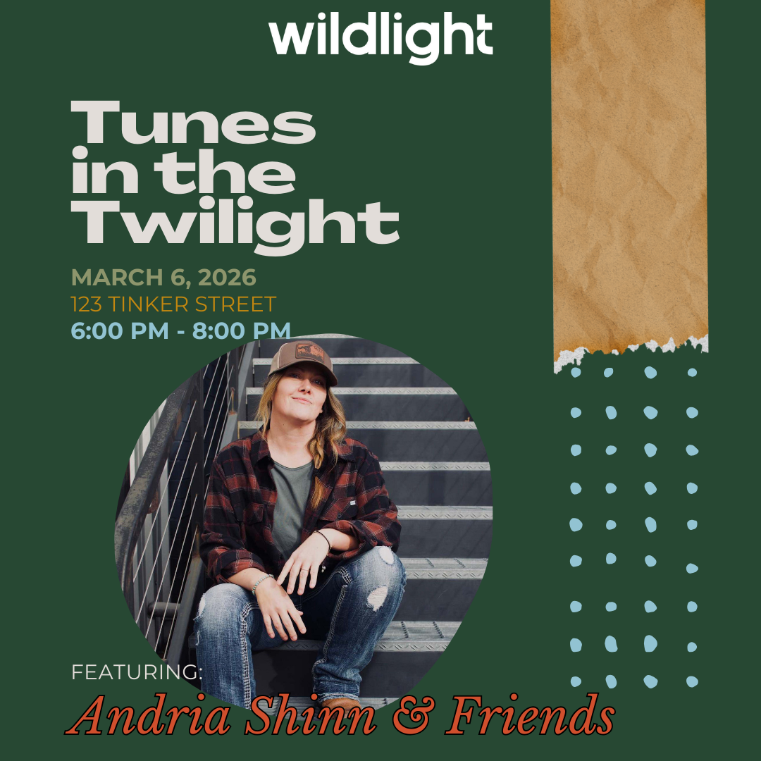 Promotional graphic for "Tunes in the Twilight" on March 6, 2026, featuring Andria Shinn & Friends, with a photo of a woman sitting on stairs—celebrating music and community in Wildlight Yulee Florida community.