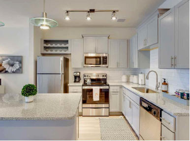 Modern kitchen with stainless steel appliances, white cabinets, a granite island with a small potted plant, and under-cabinet lighting in the heart of the Wildlight Yulee Florida community.
