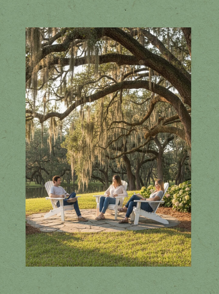 Three people sit on white Adirondack chairs under large oak trees draped with Spanish moss, enjoying a stone patio in the grassy Wildlight master planned community—one of the charming homes in Nassau County, Florida.