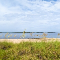 A sandy beach bordered by tall grass, with calm water and a cloudy sky in the background—just one of the tranquil scenes you can discover near homes in Nassau County, Florida.