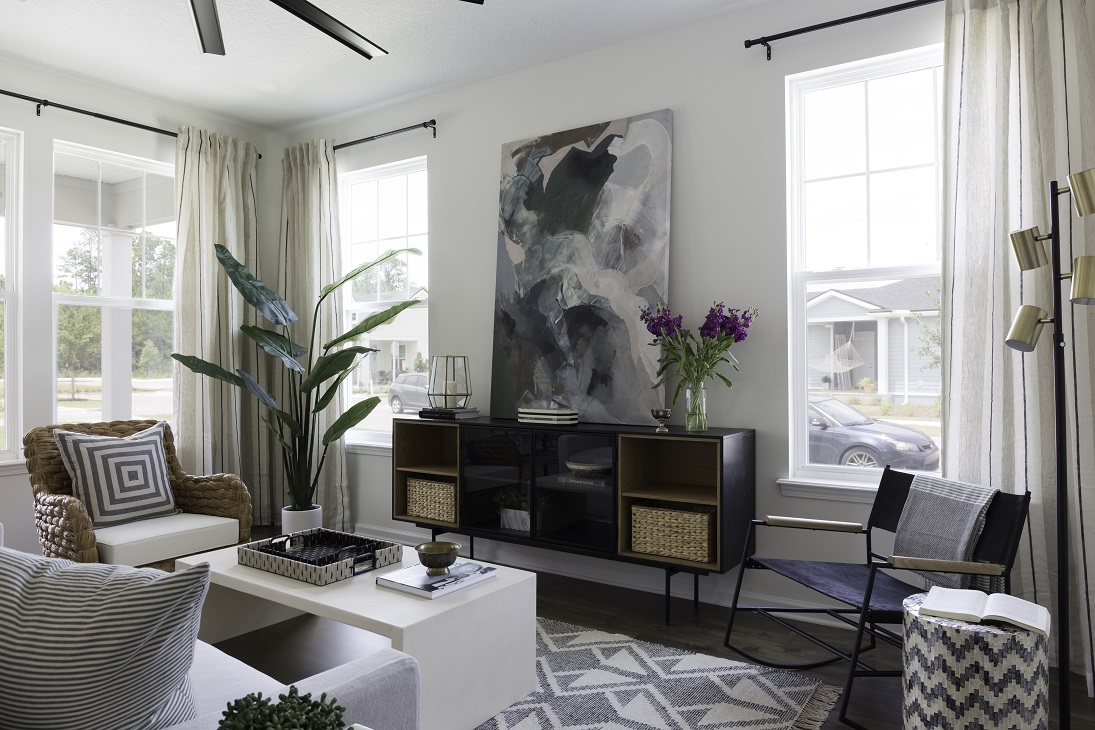 Modern living room with large windows, neutral decor, indoor plants, abstract wall art, woven chair, black metal sideboard, and geometric-patterned rug—perfect for stylish homes in Nassau County Florida.