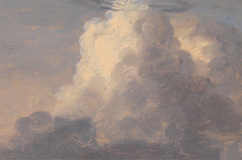 A soft, pastel-colored painting of a large cloud formation against a muted sky, inspired by the tranquil landscapes surrounding new homes in Wildlight FL.