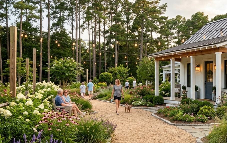 People stroll and relax among flowering plants and string lights in a garden beside a small white house, capturing the lifestyle of the Wildlight master planned community and the charm of new homes in Nassau County, Florida.