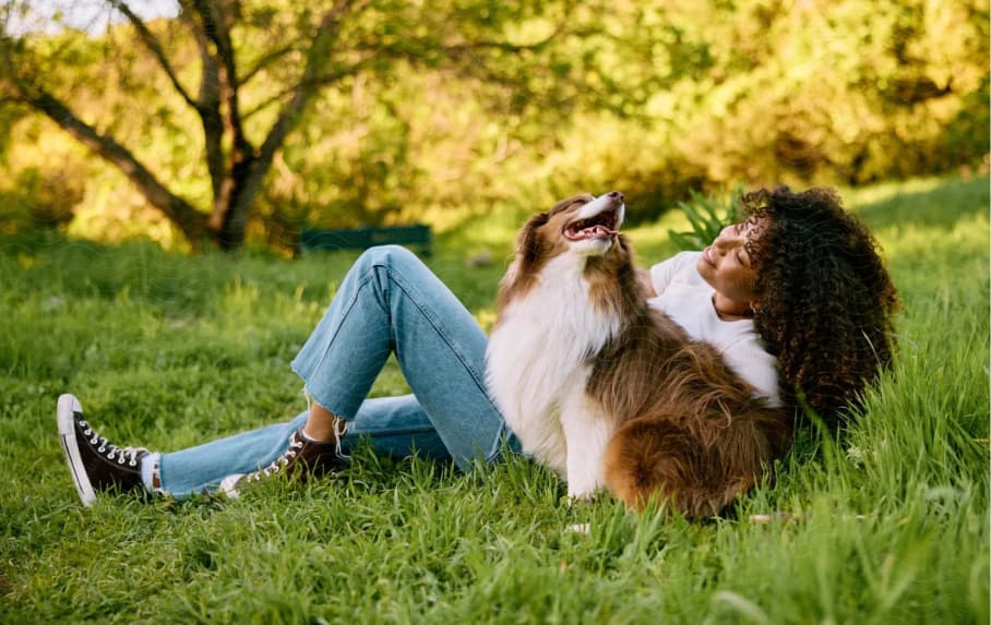 Woman sitting with her Collie in grass