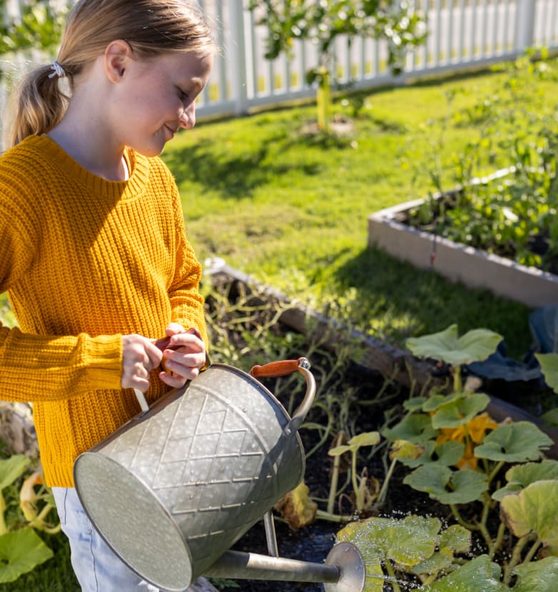 Young girl watering plants in raised beds