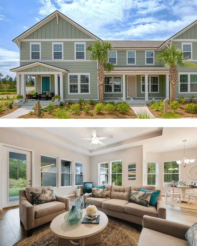 Two images: the exterior of a two-story suburban house with green siding and palm trees, and the interior showing a modern living room and dining area with large windows, located in the vibrant Wildlight Yulee Florida community.