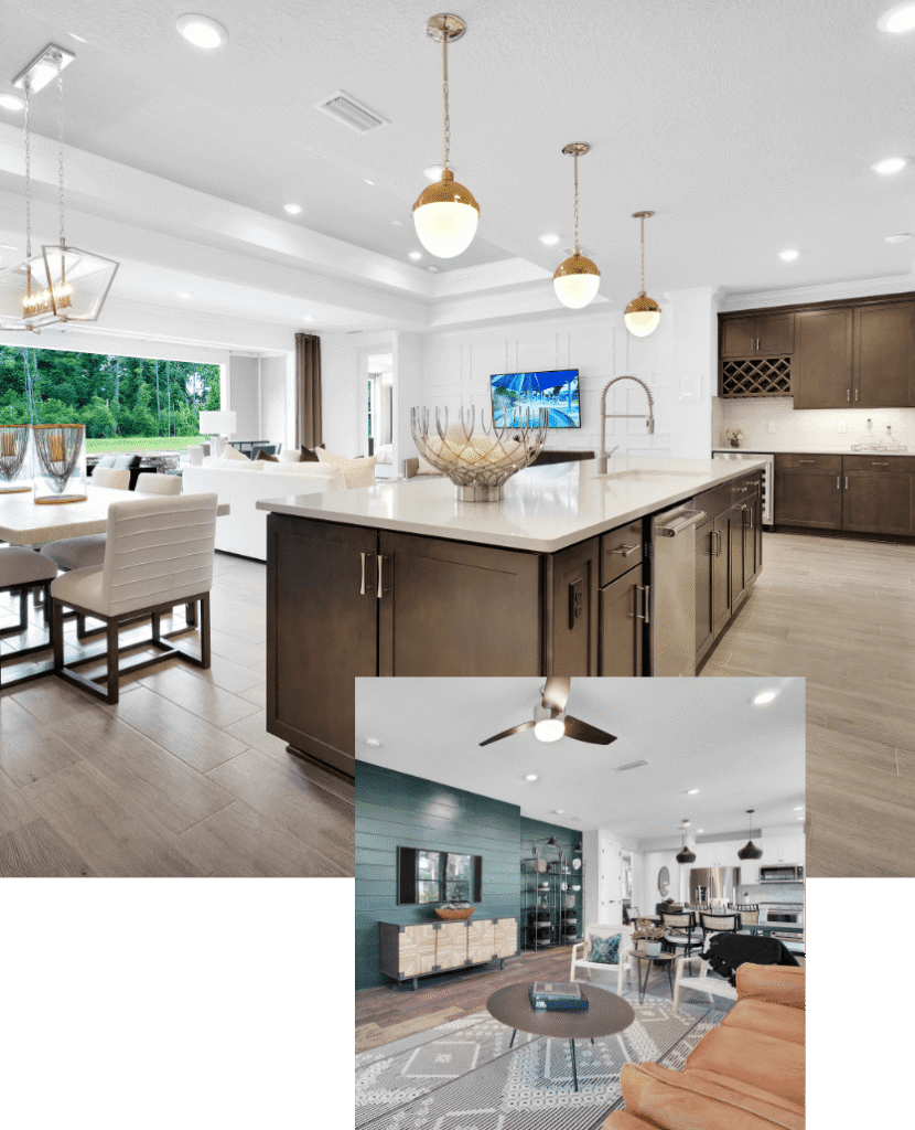 Two modern open-concept living spaces in the Wildlight Yulee Florida community feature kitchens with islands, pendant lighting, dining areas, and contemporary living rooms—perfect for enjoying life in this master planned community.