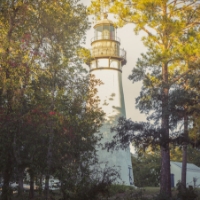 A white lighthouse stands behind tall trees with sunlight filtering through the branches, capturing the serene beauty found near new homes in Wildlight FL.