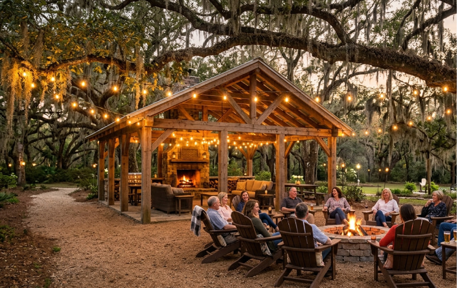 A group of people sit around a fire pit in Adirondack chairs near a wooden pavilion with string lights, surrounded by trees and lush greenery at dusk in the Wildlight Yulee Florida community.