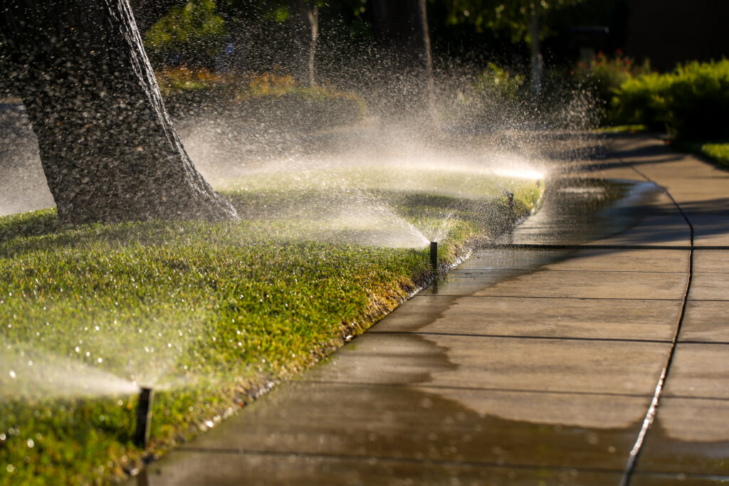 Sprinklers water a grassy area beside a wet concrete walkway in the Wildlight master planned community, with sunlight reflecting off the spray and a tree trunk visible on the left.
