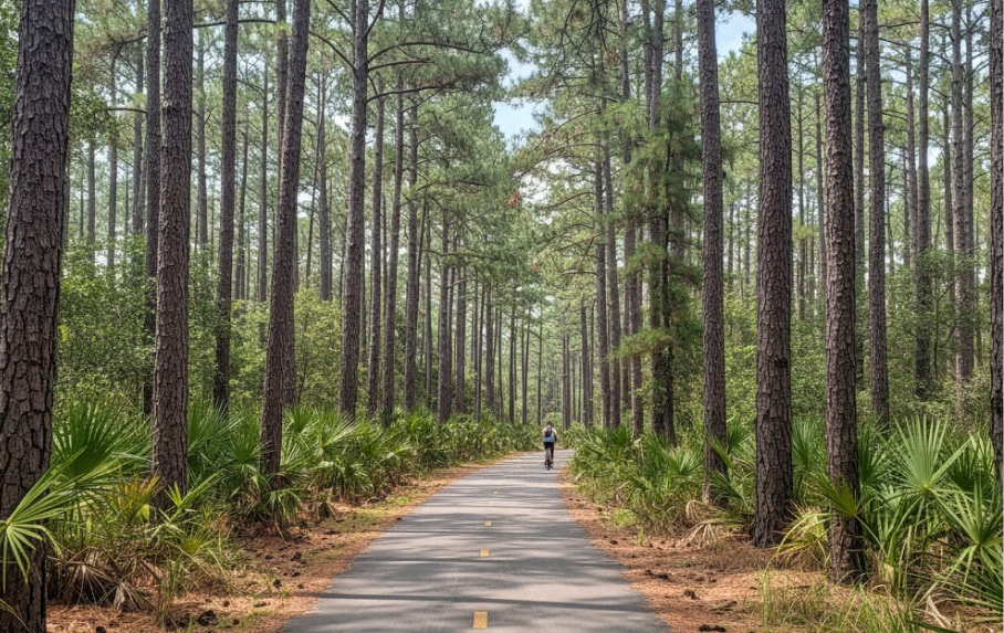 A person walks alone on a paved trail through a dense pine forest in the Wildlight Yulee Florida community, surrounded by tall trees and green undergrowth.