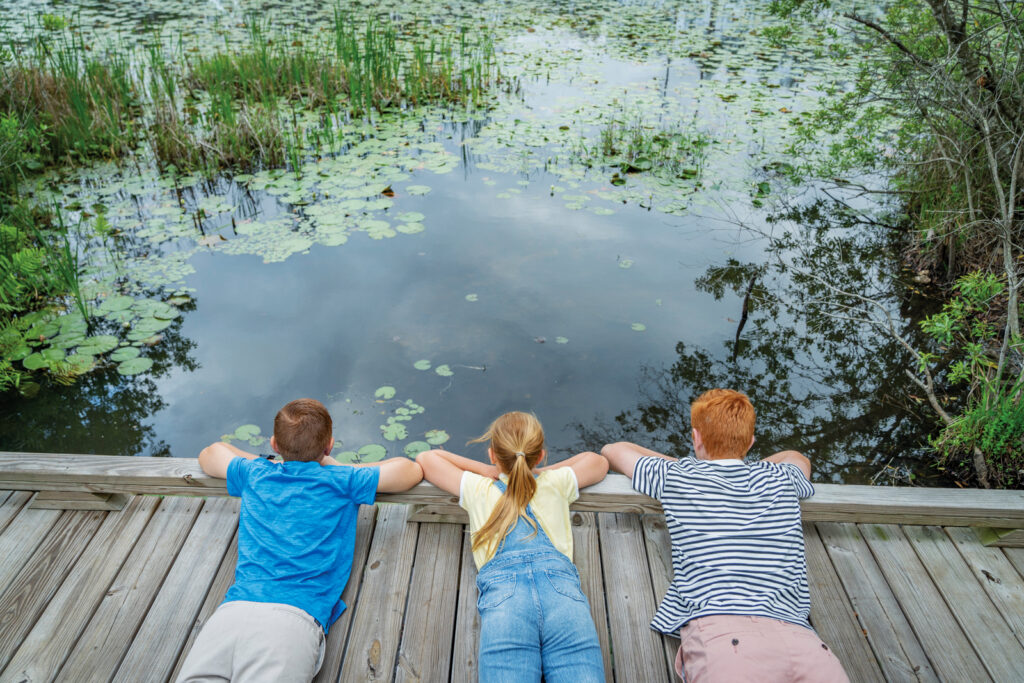 Three children lie on a wooden dock in Wildlight Florida, facing a pond with lily pads and lush greenery, holding hands as they gaze at the water—capturing the simple joys found near new homes in Wildlight FL.