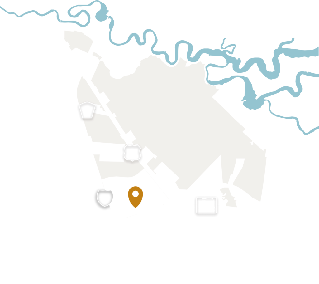 Minimalist map featuring a tan location pin at the intersection of highways 95, 108, and 200, beside a blue river—highlighting the Wildlight master planned community and new homes in Wildlight FL.