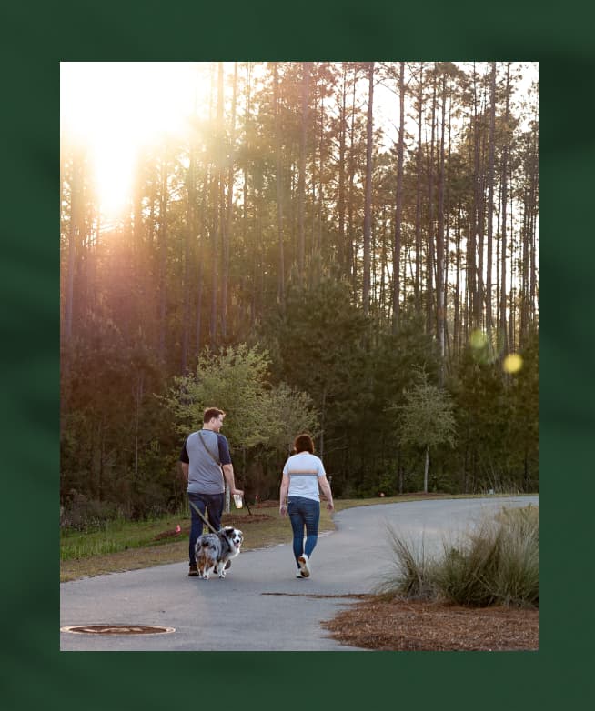 Two people walk a dog on a paved path through a wooded area at sunset in the Wildlight Yulee Florida community, where tall trees and greenery surround the scene.