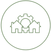 Outline of two houses with a gear between them, enclosed in a circle, symbolizing collaboration or integration—perfectly reflecting the spirit of new homes in Wildlight FL and community connections in homes in Nassau County Florida.