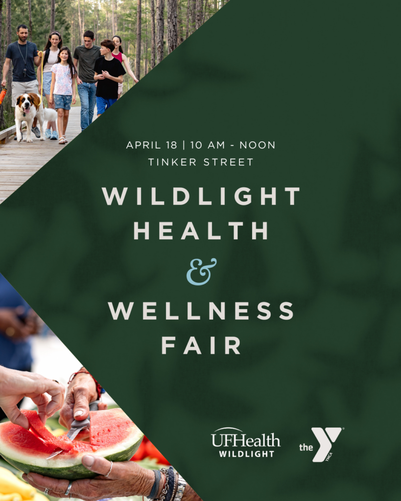 Flyer for Wildlight Health & Wellness Fair on April 18, 10 AM–noon at Tinker Street in the Wildlight Yulee Florida community, featuring UF Health Wildlight and YMCA logos, plus images of people walking and slicing watermelon.