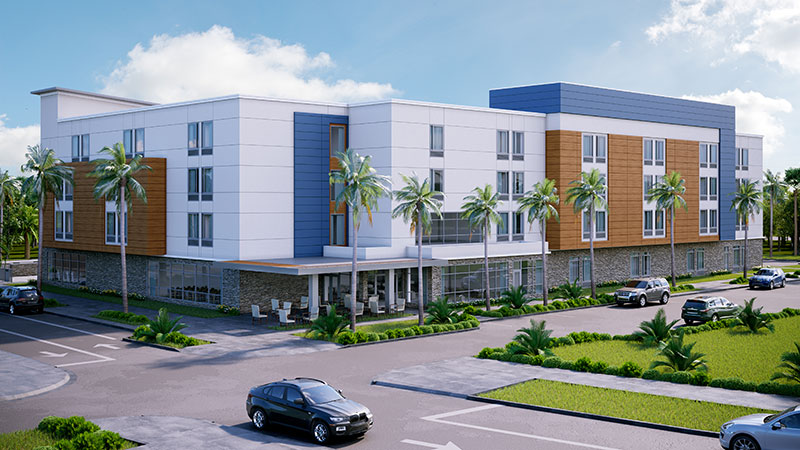 Modern four-story hotel building with white, wood, and blue exterior accents, set amid palm trees and cars under a partly cloudy sky—perfectly complementing the vibrant Wildlight Yulee Florida community within the Wildlight master planned community.