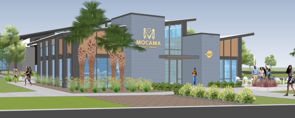 Architectural rendering of a modern building labeled "Mocama," featuring large windows, palm trees, and people gathering—capturing the vibrant lifestyle of the Wildlight Florida master planned community.