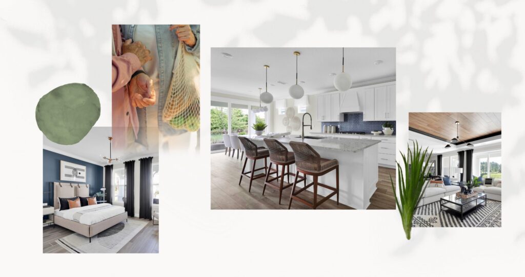 A collage featuring a person holding fresh produce, a modern white kitchen with barstools, a cozy bedroom, and a spacious living room with large windows in the Wildlight master planned community.
