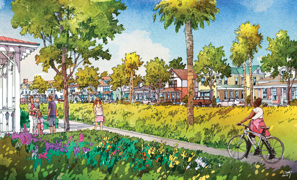 People walk and ride bikes along a paved path bordered by grass, flowers, and palm trees, with colorful homes in Nassau County Florida and outdoor cafes in the background.