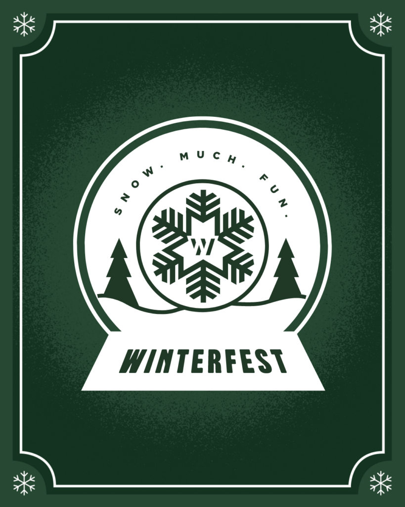 A green and white Winterfest poster with a large snowflake, pine trees, and the words "SNOW. MUCH. FUN." above "WINTERFEST" in bold text—celebrating the Wildlight master planned community.