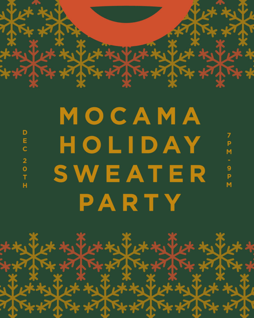 Holiday party invitation with yellow and red snowflakes on a green background invites you to the Mocama Holiday Sweater Party in Wildlight Yulee Florida community, Dec 20th, 7pm-9pm.