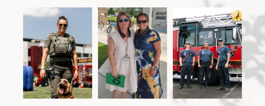 Three photos: a police officer with a dog, two women smiling outdoors, and three firefighters in front of a fire truck—showing the vibrant community spirit in homes in Nassau County Florida.