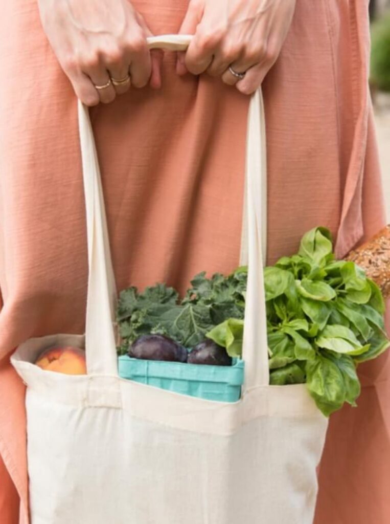 A person holds a canvas bag filled with leafy greens, plums, a peach, and a baguette, resting against a light pink dress—capturing the fresh lifestyle of the Wildlight Yulee Florida community.