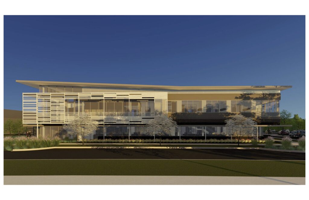 A modern three-story building with large glass windows, horizontal white slats, and landscaped trees in front stands under a clear blue sky—an elegant example of new homes in Wildlight FL.